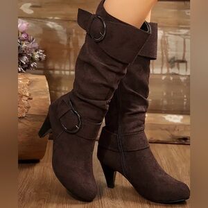 NEW Elegant Women's Dark Brown Mid-Calf Boots with Chunky Heel